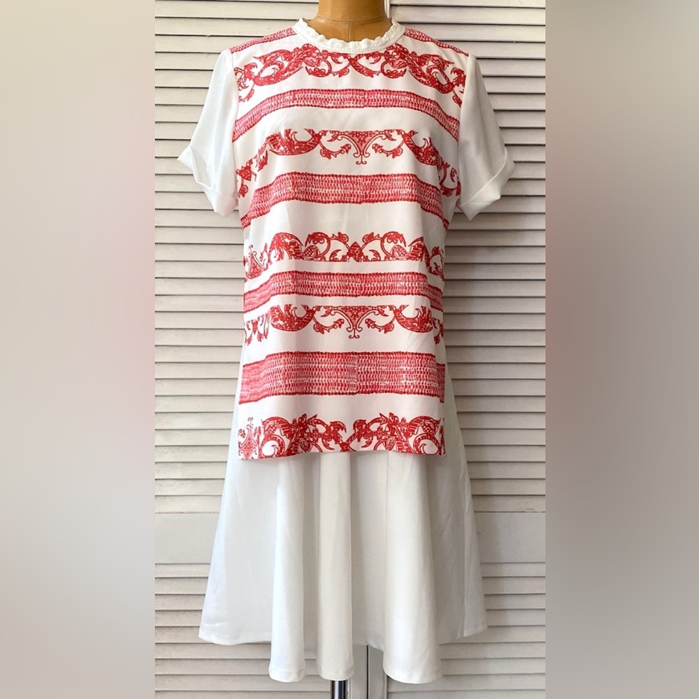 Plains & Prints Dress Womens size 8 White Red Short Sleeve  Office Party Swing